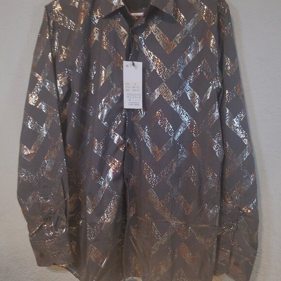 NWT Silver Stone Collection Men's Size MEDIUM Metallic Print Button Down Shirt - Picture 3 of 11